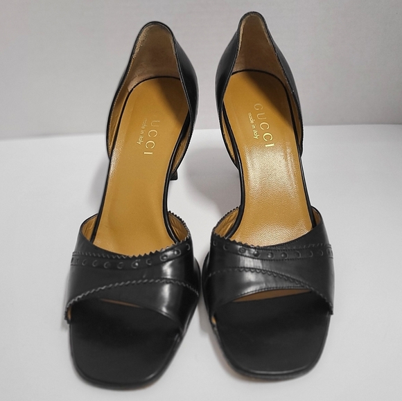 Gucci Vintage Black Leather D'Orsay Wood Heel Pumps Sz 7 - Picture 2 of 12